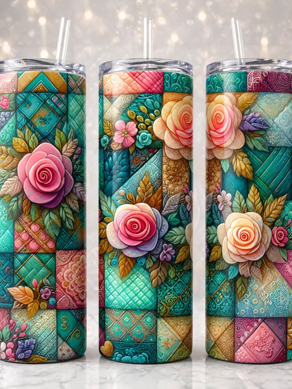 Quilted Patchwork Roses Tumbler